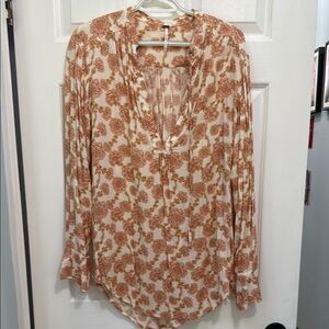 Free People Orange and White Graphic Long Sleeve Blouse